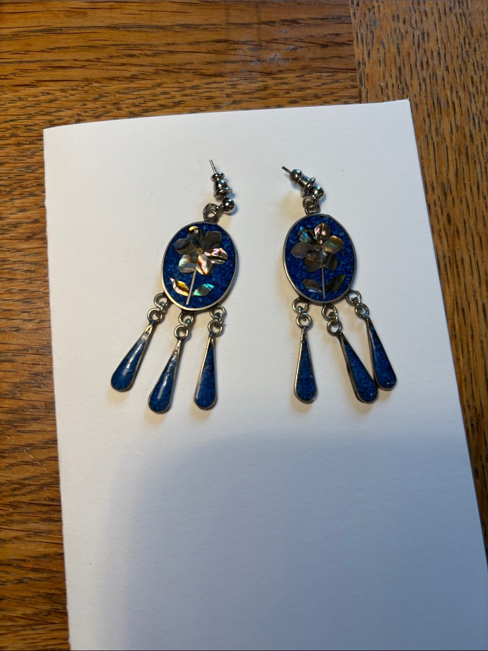 Earrings Blue Floral Abalone Shell Inlay Chandelier Silver Tone Alpaca Mexico